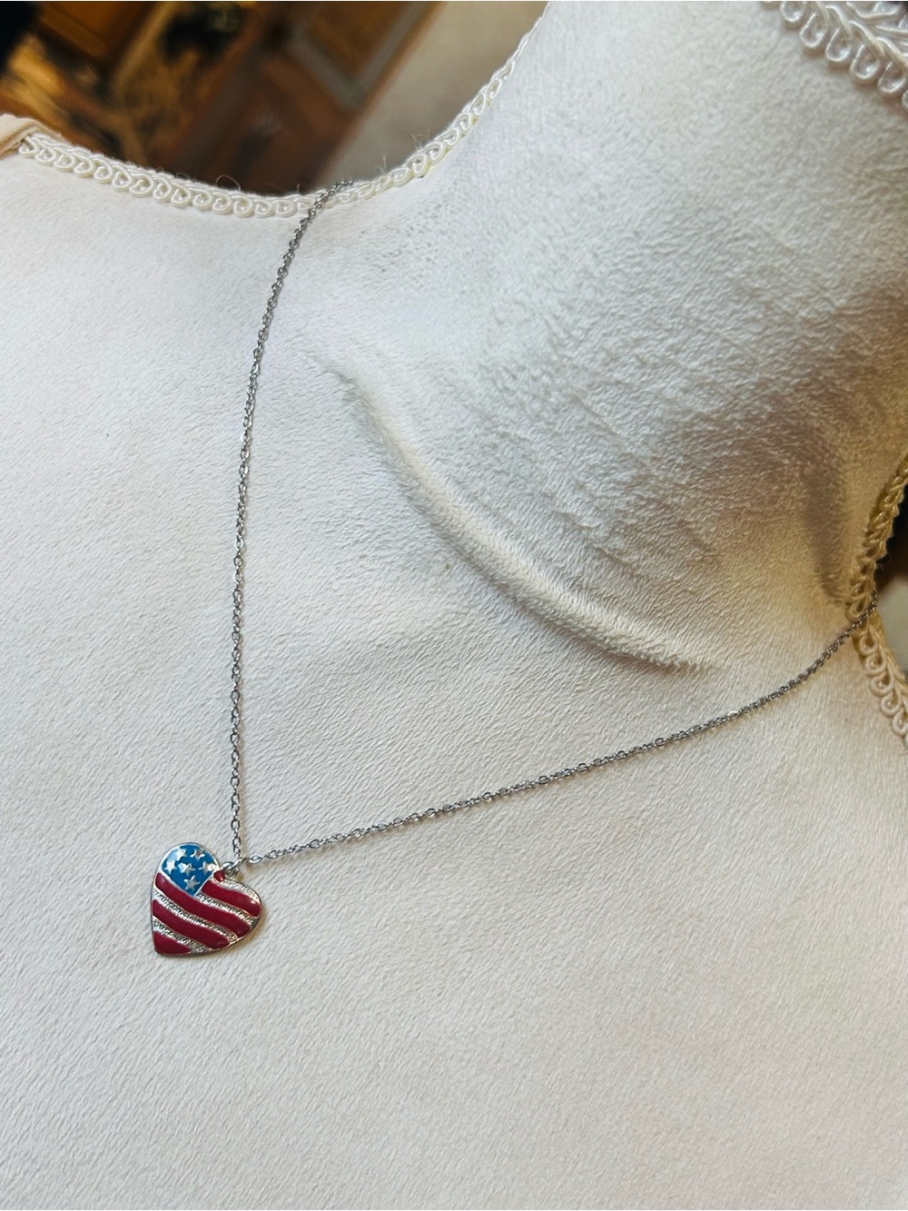 Handcrafted vintage red white and blue flag heart pendant on chain necklace